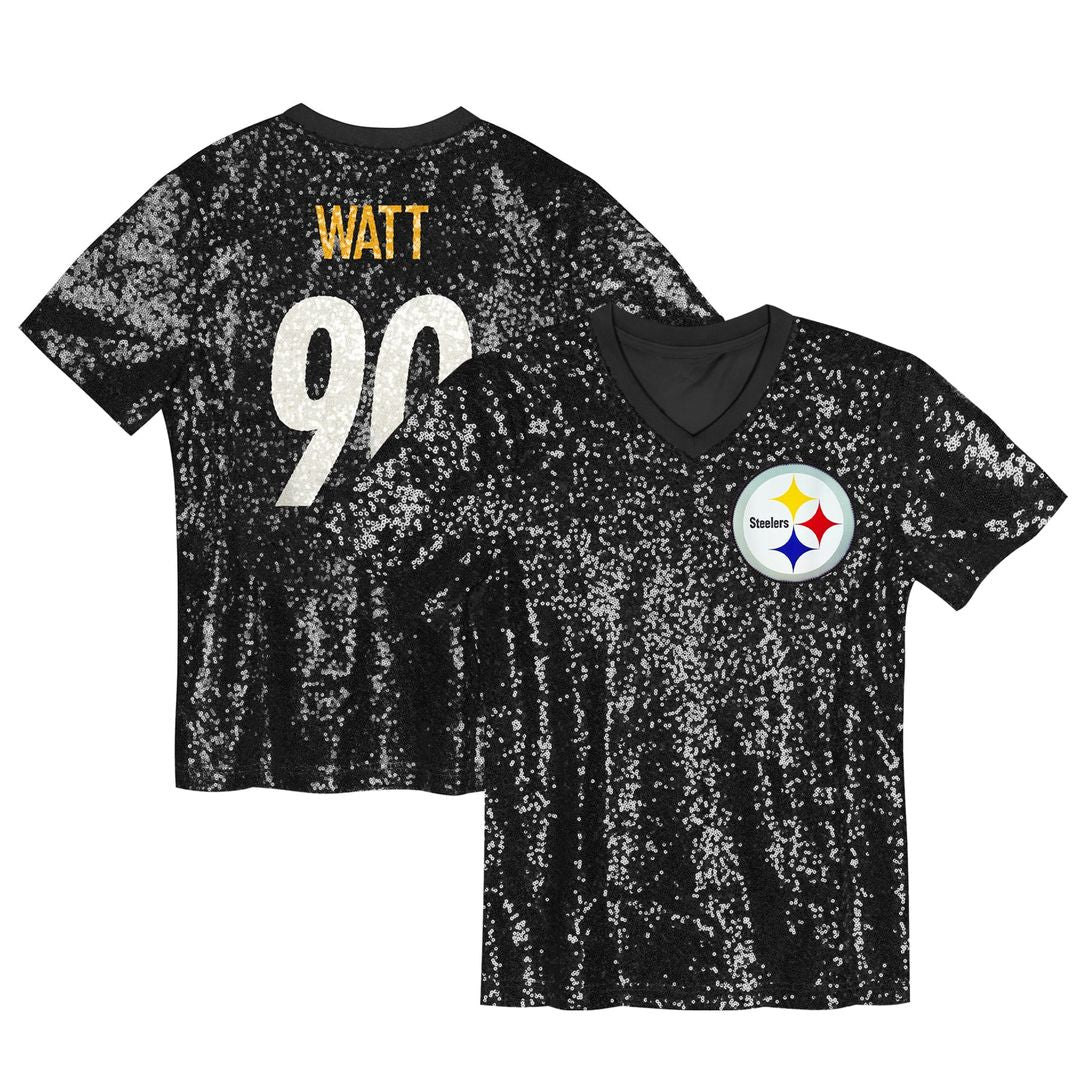 T.J. Watt Pittsburgh Steelers Girls Youth Sequin V - Neck Fashion Jersey - Black