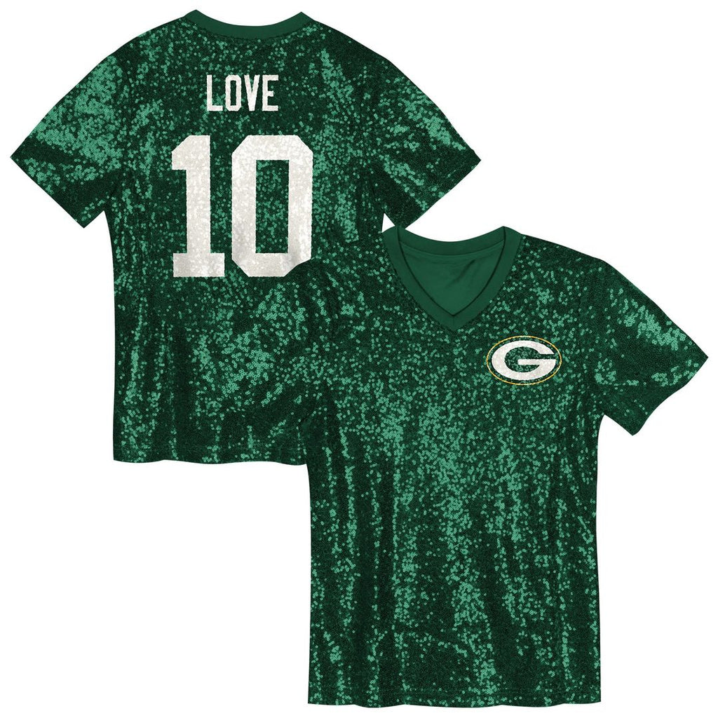 Jordan Love Green Bay Packers Girls Youth Sequin V - Neck Fashion Jersey - Green