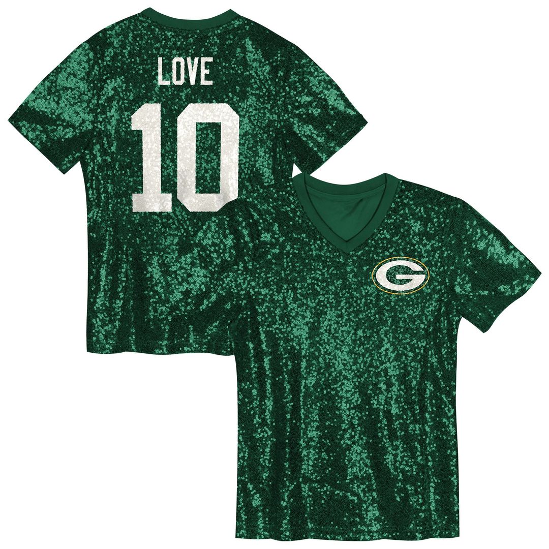 Jordan Love Green Bay Packers Girls Youth Sequin V - Neck Fashion Jersey - Green